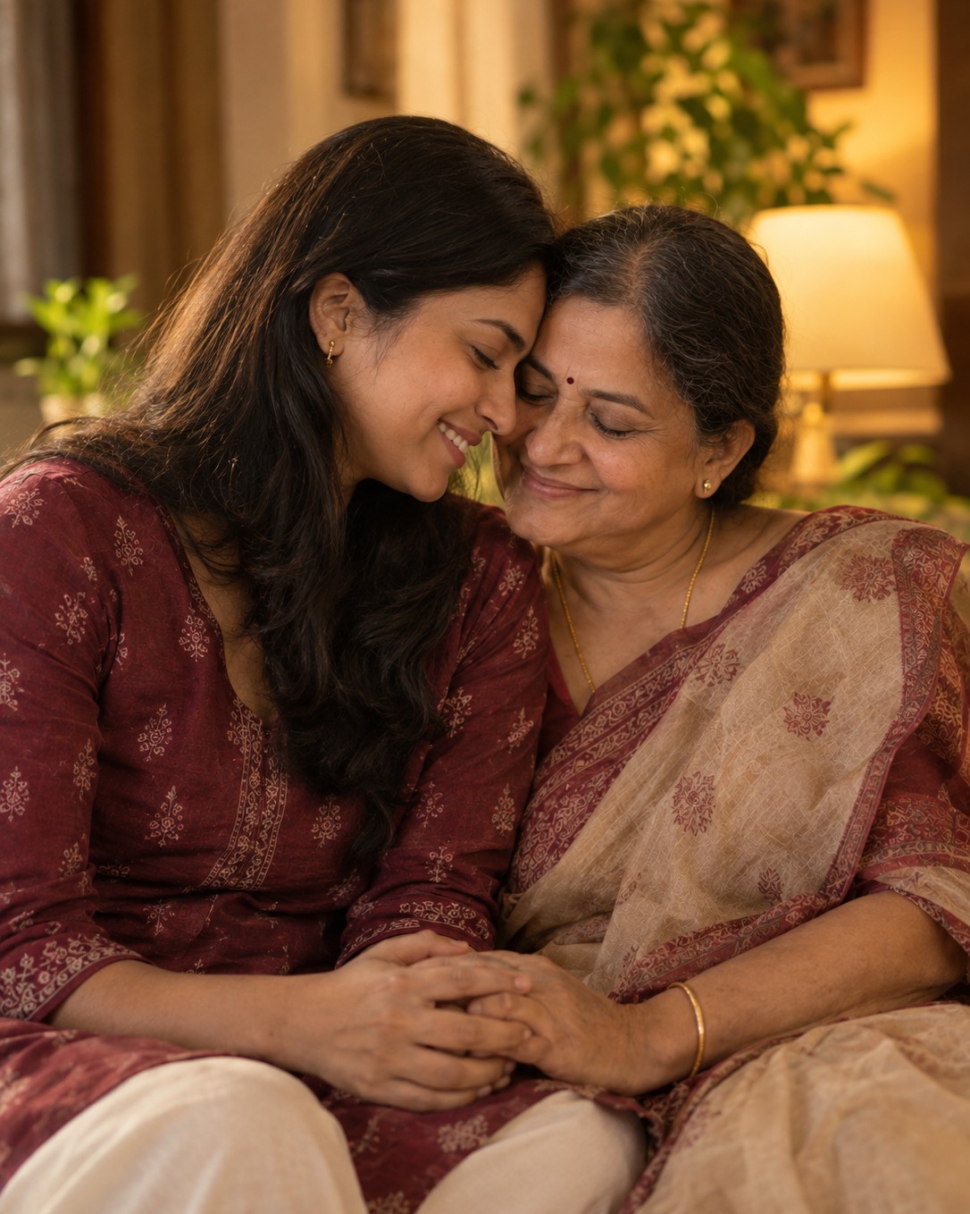 A daughter and her mother sharing a quiet, tender moment, foreheads touching, hands clasped