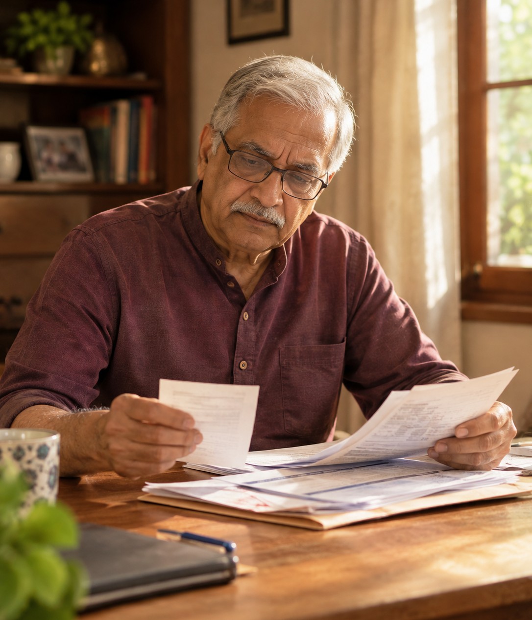 An elderly father sorting through his prescriptions and medical papers at home