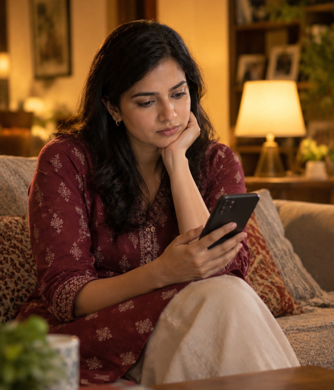 An adult daughter looking at her phone in the evening, thinking of her parents